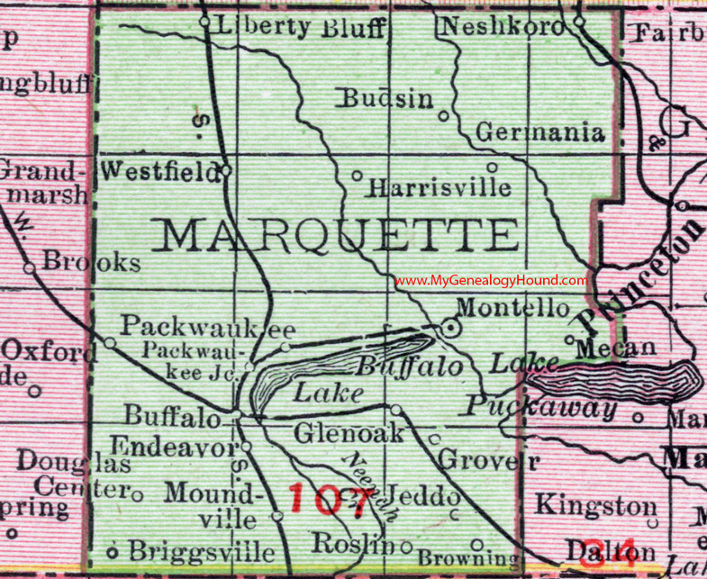 Marquette County, Wisconsin, map, 1912, Montello, Oxford, Endeavor, Briggsville, Westfield, Neshkoro, Packwaukee, Harrisville, Budsin, Germania, Mecan, Glen Oak, Jeddo, Roslin, Buffalo