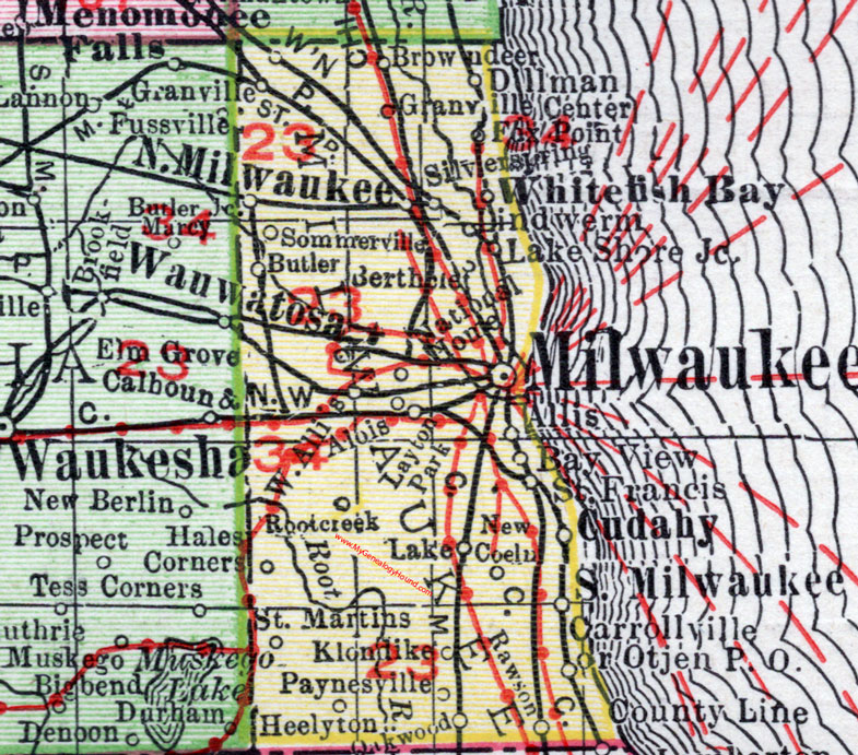 Milwaukee County, Wisconsin, map, 1912, Milwaukee City, Whitefish Bay, Wauwatosa, Cudahy, West Allis, South Milwaukee, St. Martin's, Brown Deer, Fox Point, Hales Corners, Granville Center, Klondike, Heelyton, Alois