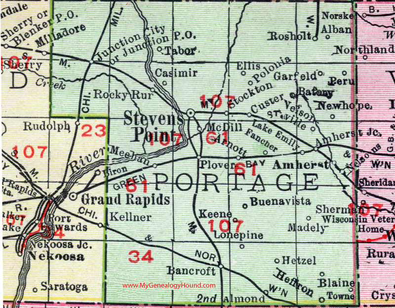 Portage County, Wisconsin, map, 1912, Stevens Point, Junction City, Plover, Amherst, Polonia, Custer, Rosholt, Peru, Nelsonville, Bancroft, Almond, Arnott, Casimir