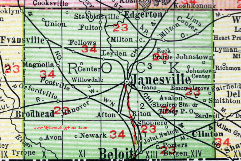 Rock County, Wisconsin, map, 1912, Janesville, Beloit, Evansville, Edgerton, Clinton, Orfordville, Footville, Milton, Leyden, Cooksville, Johnston Center, Avalon, Afton, Hanover
