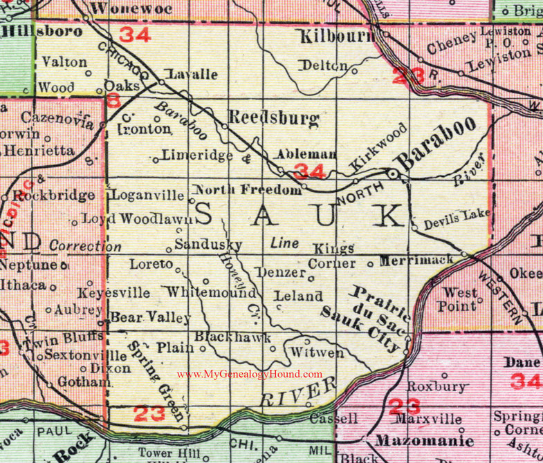 Sauk County, Wisconsin, Map, 1912, Baraboo, Sauk City, Spring Green, Reedsburg, Kirkwood, Prairie du Sac, Black Hawk