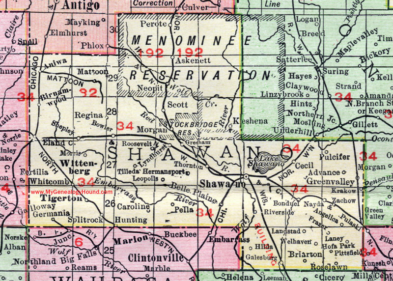 Shawano County, Wisconsin, map, 1912, Belle Plaine, Angelica, Bonduel, Wittenberg, Green Valley