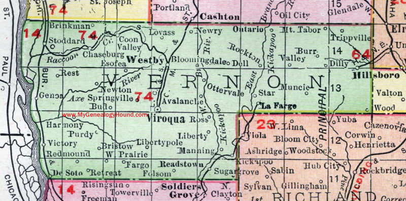 Vernon County, Wisconsin, map, Viroqua, Hillsboro, Westby, Stoddard, Coon Valley, La Farge, historic