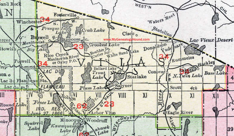 Vilas County, Wisconsin, map, Eagle River, Arbor Vitae, Conover, Lac du Flambeau, Winchester, Sayner, historic