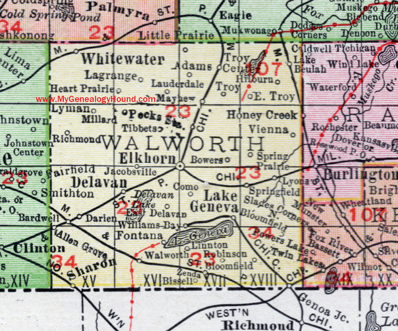 Walworth County, Wisconsin, Elkhorn, map, East Troy, Fontana, Williams Bay, La Grange, Lyons, Spring Prairie, Troy, White Water, Lake Geneva, historic