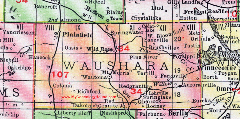 Waushara County, Wisconsin, map, Wautoma, Redgranite, Aurora, Bloomfield, Mount Morris, Poy Sippi, Saxeville, Springwater, historic