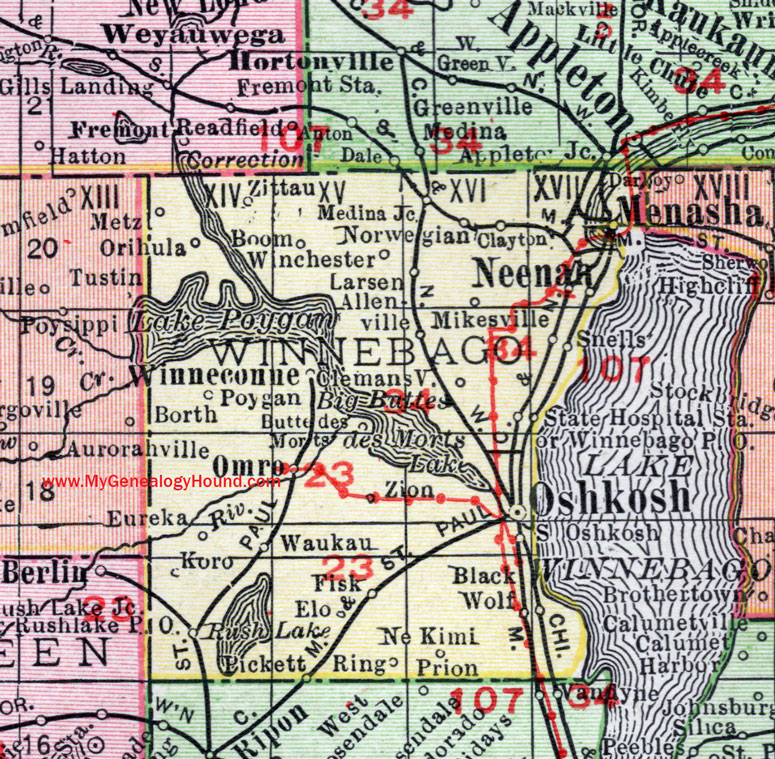 Winnebago County, Wisconsin, map, Oshkosh, Menasha, Neenah, Omro, Clayton, Winneconne, Black Wolf, Koro, historic
