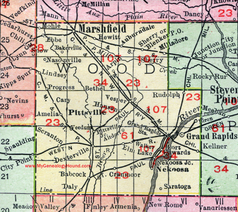 Wood County, Wisconsin, map, Wisconsin Rapids, Marshfield, Nekoosa, Port Edwards, Grand Rapids, Rudolph, Saratoga, historic