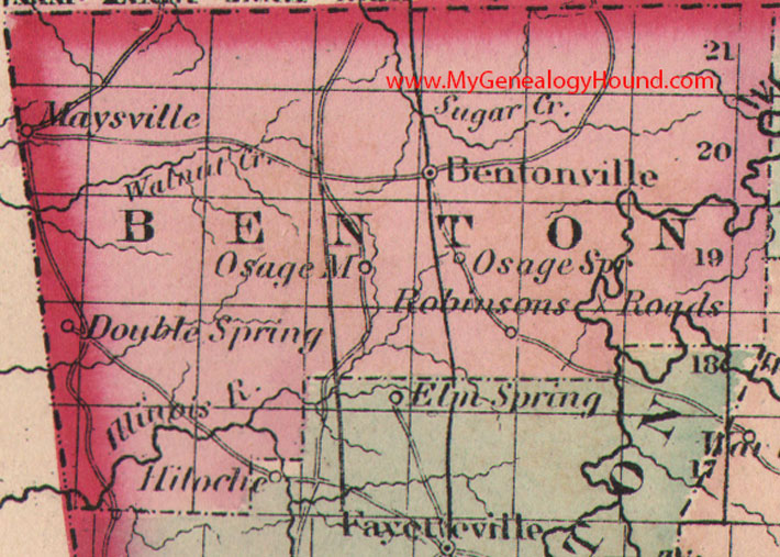 Benton County, Arkansas 1875 Map Bentonville, Maysville, Osage Mills, Osage Spring, Double Spring, Robinsons Roads, AR