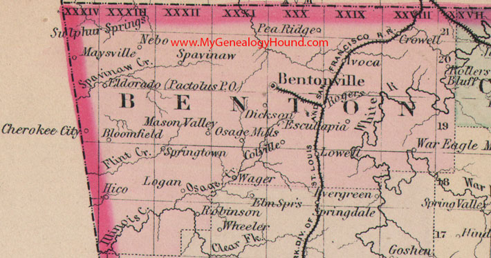 Benton County, Arkansas 1876 Map O. W. Gray, Bentonville, Cherokee City, Sulphur Springs, War Eagle Mills, Rogers, Lowell, Pea Ridge, Osage Mills, AR