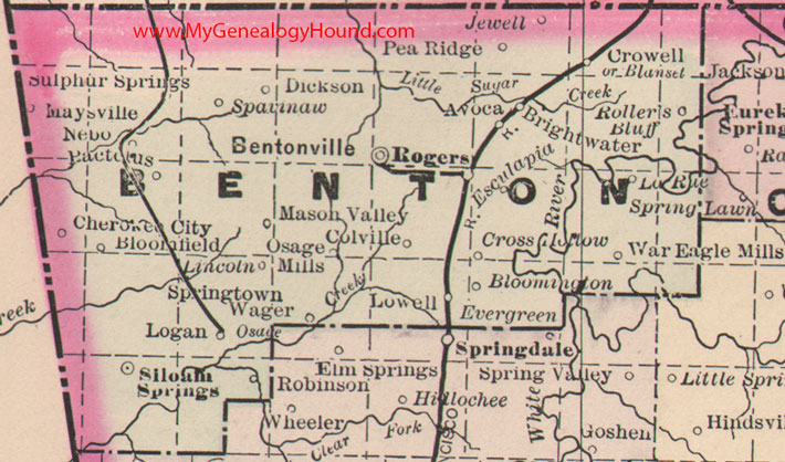 Benton County, Arkansas 1889 Map Bentonville, Rogers, Lowell, Pea Ridge, Sulphur Springs, Siloam Springs, War Eagle Mills, Springtown, Avoca, Osage Mills, AR