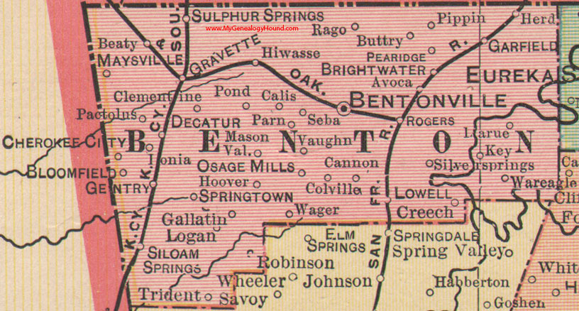 Benton County, Arkansas 1898 Map Bentonville, Rogers, Lowell, War Eagle, Siloam Springs, Gravette, Pear Ridge, Sulphur Springs, AR