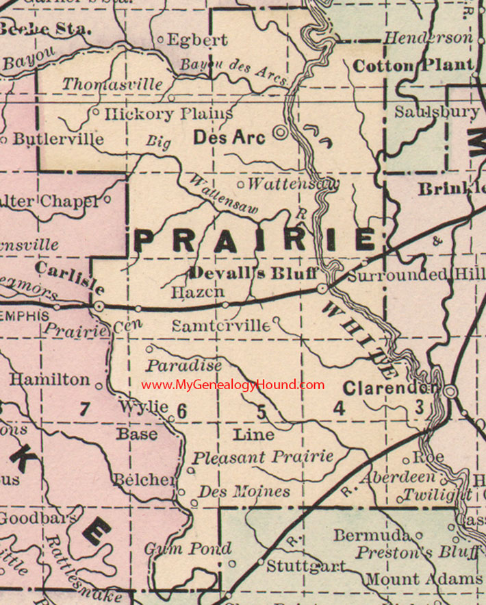 Prairie County, Arkansas Map 1889 Devall's Bluff, Des Arc, Carlisle, Hazen, Roe, Des Moines, Aberdeen, Twilight, Thomasville, AR