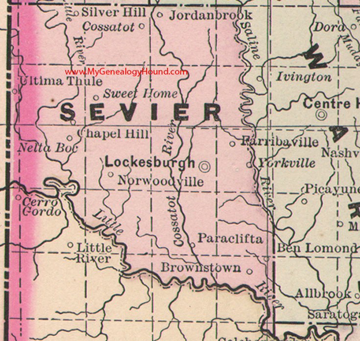 Sevier County, Arkansas Map 1889 Lockesburg, Ultima Thule, Cossatot, Yorkville, Ben Lomond, Paraclifta, Chapel Hill, Norwoodville, Brownstown, AR