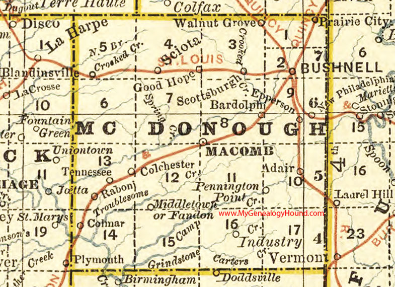 McDonough County, Illinois 1881 Map, Macomb, Bushnell, Blandinsville, Colchester, Adair, Industry, Good Hope, Prairie City 