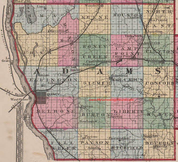 Adams County, Illinois 1870 Map Quincy, Payson, Mendon, Camp Point, Coatsburg, Liberty, Eubanks, Clayton, Kingston, IL