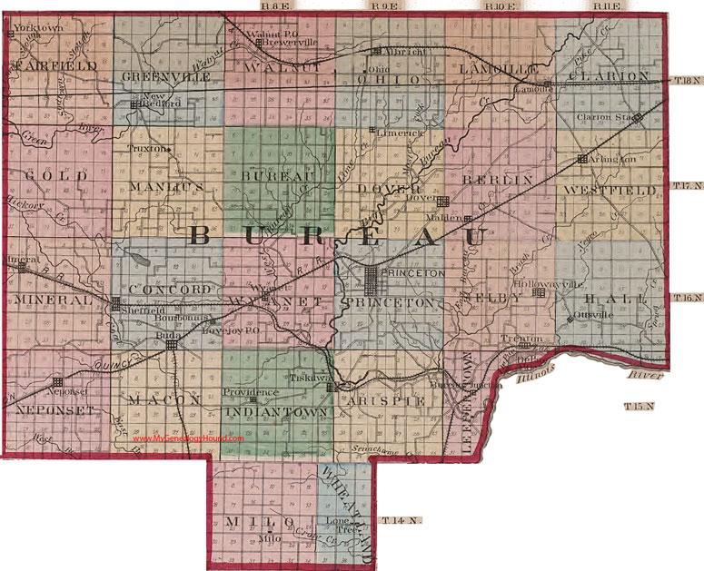 Bureau County, Illinois 1870 Map, Princeton, Sheffield, Neponset, Tiskilwa, Walnut, La Moille, IL