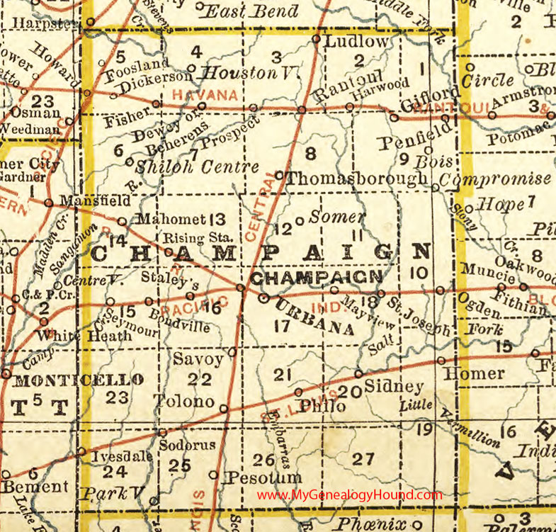 Champaign County, Illinois 1881 Map, Urbana, Rantoul, Mahomet, Tolono, St. Joseph, Homer, Ogden, Philo, Sidney