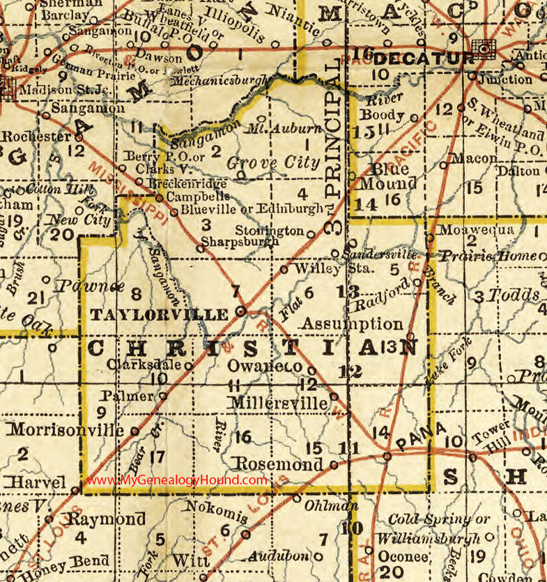 Christian County, Illinois 1881 Map, Taylorville, Pana, Kincaid, Edinburg, Tovey, Morrisville, Mt. Auburn, Palmer, Owaneco