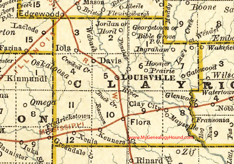 Clay County, Illinois 1881 Map, Flora, Louisville, Bible Grove, Clay City, Xenia, Oskaloosa, Bible Grove, Ingraham 