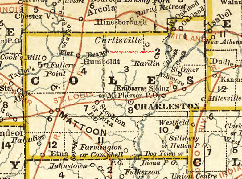 Coles County, Illinois 1881 Map, Charleston, Mattoon, Oakland, Humboldt, Ashmore, Etna, Curtisville