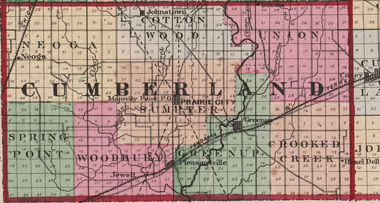 Cumberland County, Illinois 1870 Township Map Diona, Greenup, Hazel Dell, Jewett, Johnstown, Majority Point, Neoga, Pleasantville, Prairie City