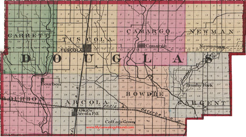 Douglas County, Illinois 1870 Map, Tuscola, Arcola, Bourbon, Brushy Fork, Camargo, Cottage Grove, Newman, Okaw
