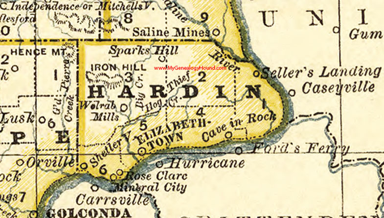 Hardin County, Illinois 1881 Map, Cave-in-Rock, Elizabethtown, Mineral City, Rosiclare (Rose Clare), Seller's Landing, Shelterville, Sparks Hill, Walrab Mills