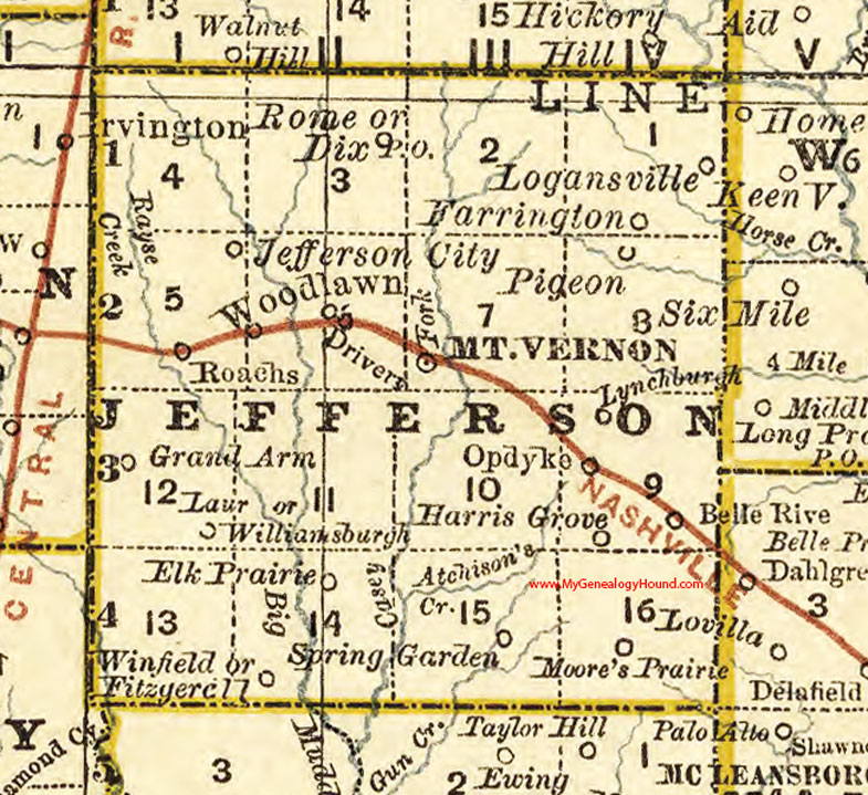 Jefferson County, Illinois 1881 Map, Mt. Vernon, Belle Rive, Woodlawn, Winfield, Opdyke, Farrington, Rome, Spring Garden