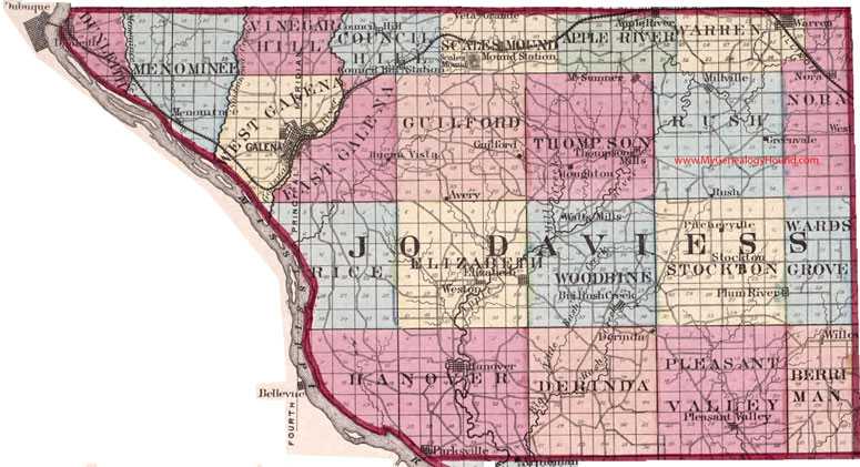 Jo Daviess County, Illinois 1870 Map Galena, Hanover, Warren, Dunleith, Stockton, Apple River, Scales Mound, Elizabeth, Guilford, IL
