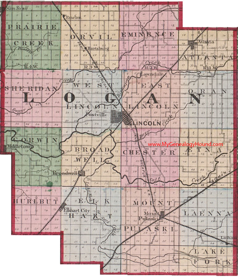 Logan County, Illinois 1870 Map Lincoln, Postville, Mount Pulaski, Atlanta, Broadwell, Elkhart City, Emden, Hartsburg, Middletown, Latham, San Jose, Lawndale, IL