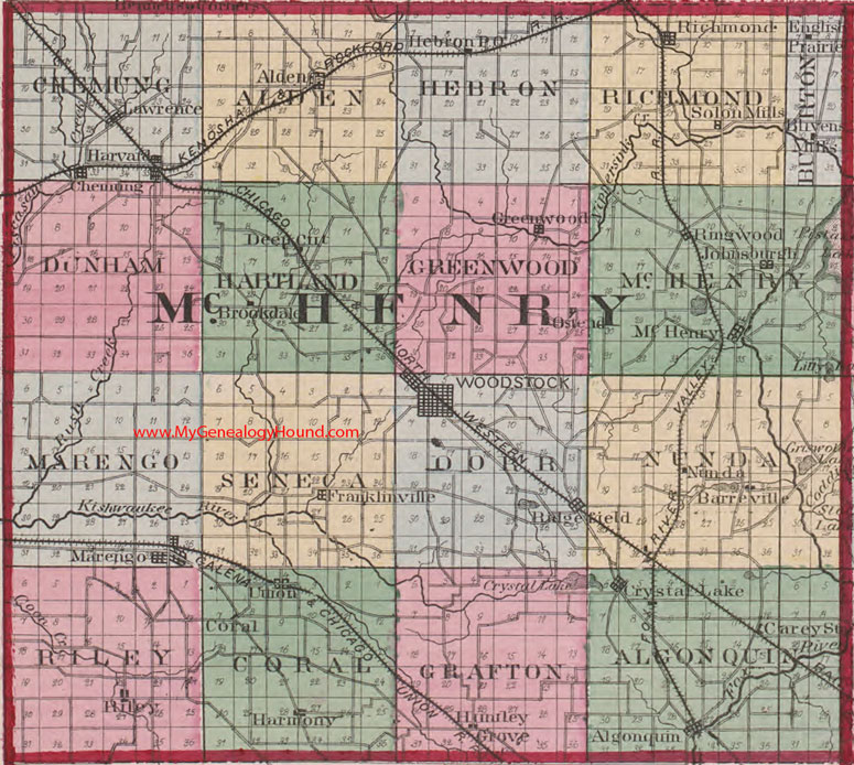 McHenry County, Illinois 1870 Map Woodstock, Johnsburgh, Algonquin, Richmond, Marengo, Crystal Lake, Harvard, Union, Huntley Grove, IL