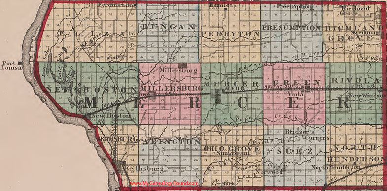 Mercer County, Illinois 1870 Map, Aledo, Joy, Keithsburg, Millersburg, Swedona, Viola, New Boston, Preemption