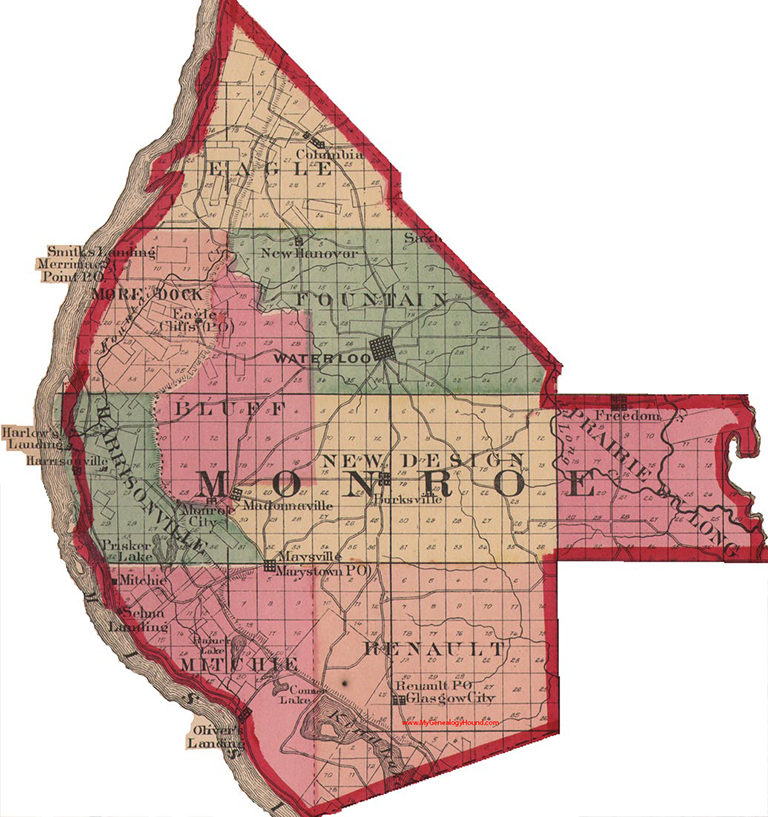 Monroe County, Illinois 1870 Map Waterloo, Burksville, Madonnaville, Glasgow City, Columbia, IL