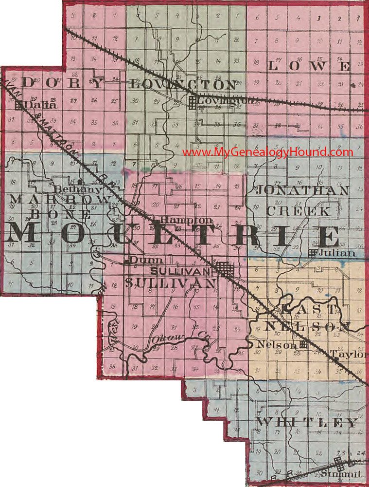 Moultrie County, Illinois 1870 Map Sullivan, Lovington, Julian, Summit, Nelson, Dalta, Taylor, Dunn, Hampton, Bethany, IL