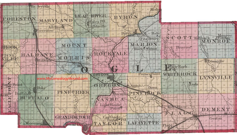 Ogle County, Illinois 1870 Map Oregon, Polo, Byron, Woosung, Rochelle, Lynnville, Forreston, Adeline, Haldane, Mt. Morris, Grand DeTour, IL