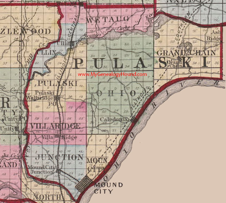 Pulaski County, Illinois 1870 Map Mound City, Caledonia, Grand Chain, Walbridge, Ullin, Villa Ridge. Ash Ridge, IL