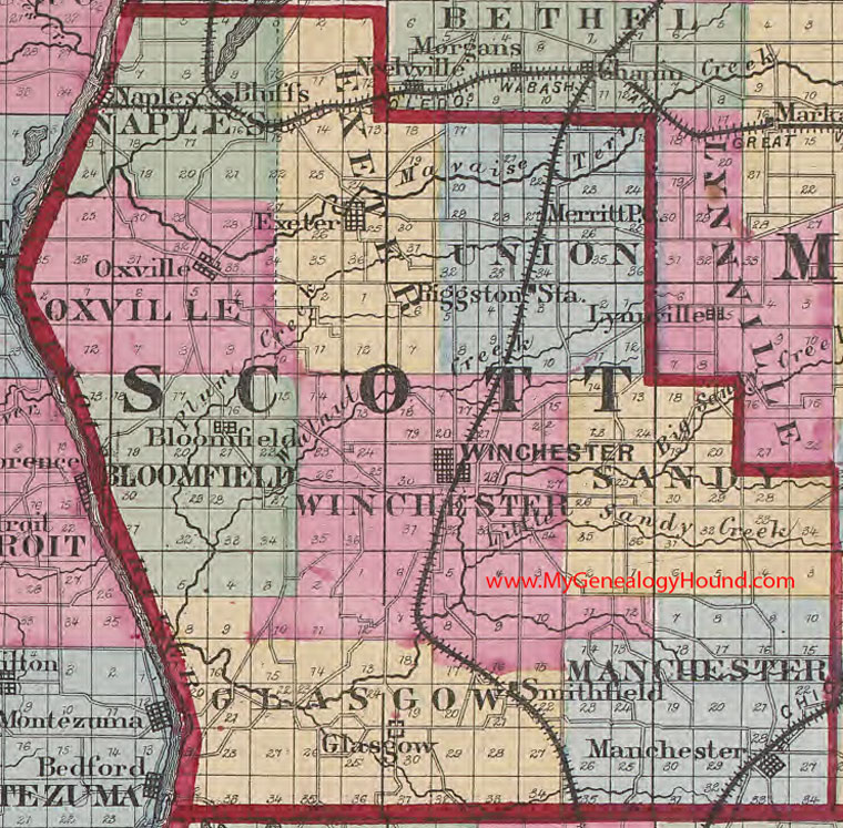 Scott County, Illinois 1870 Map Winchester, Bloomfield, Exeter, Manchester, Oxville, Glasgow, Merritt, Naples, Riggston