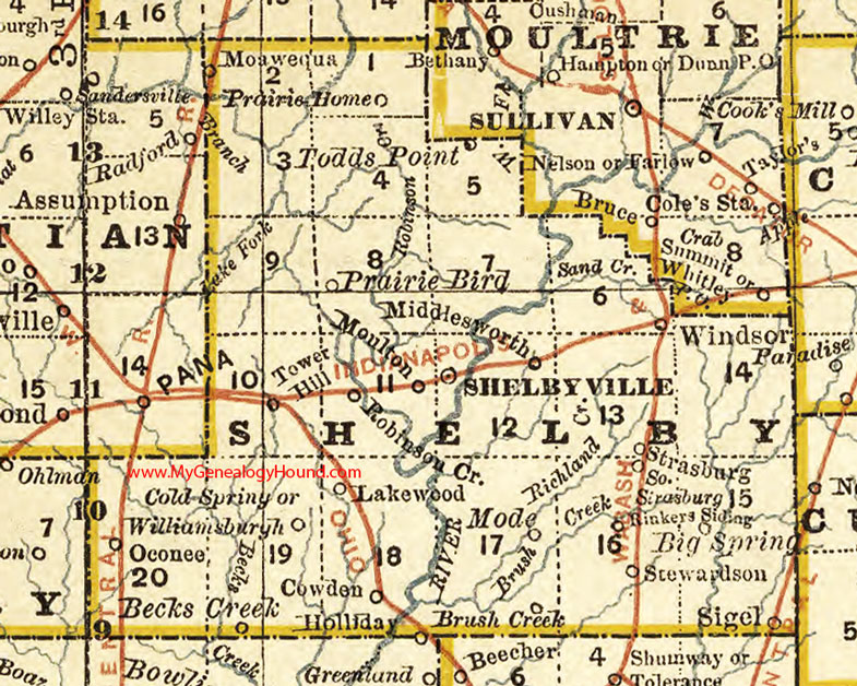 Shelby County, Illinois 1881 Map, Shelbyville, Windsor, Strasburg, Tower Hill, Cowden, Stewardson, Oconee, Moweaqua
