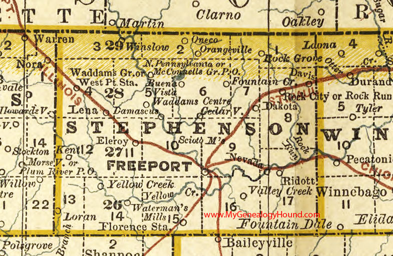 Stephenson County, Illinois 1881 Map, Freeport, Lena, Dakota, Davis, Orangeville, Ridott, Cedarville, Oneco, Damascus