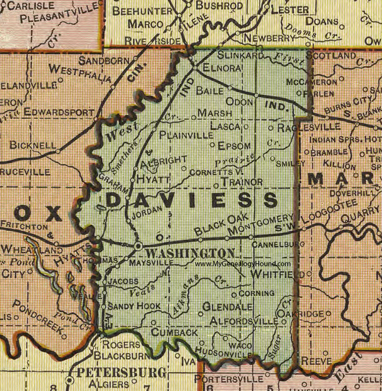 Daviess County, Indiana, 1908 Map, Washington,  Montgomery, Alfordsville, Plainville, Elnora, Odon, Cannelburg, Raglesville 