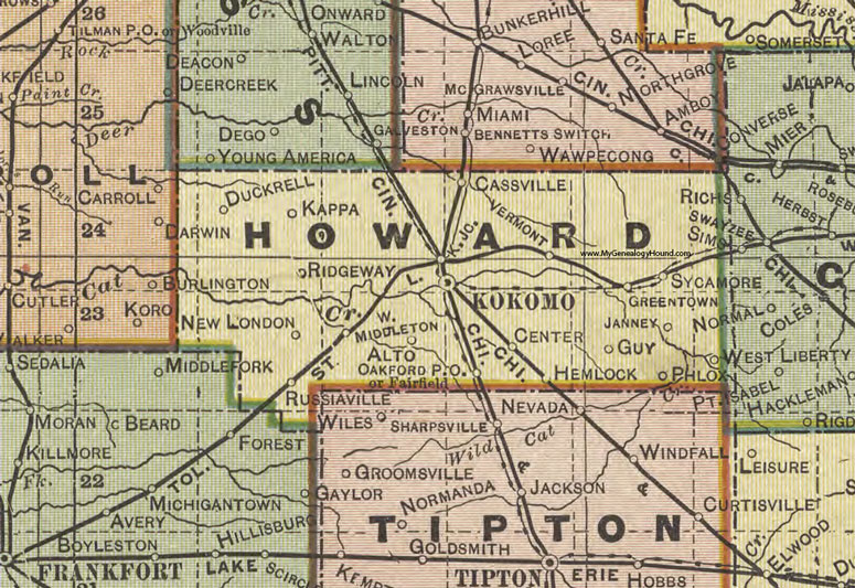 Howard County, Indiana, 1908 Map, Kokomo, Greentown, Russiaville, West Middleton, Oakford, Hemlock, Cassville, Kappa, Janney