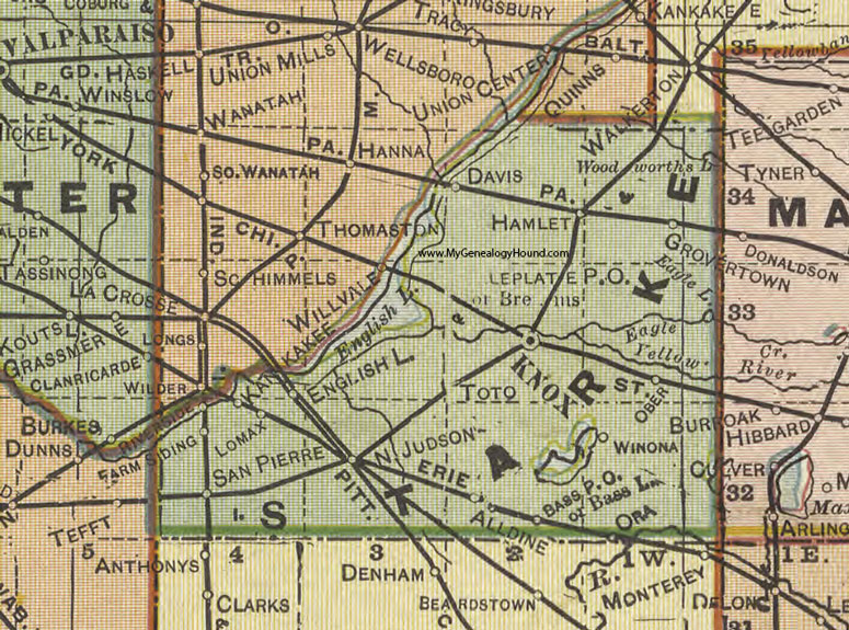 Starke County, Indiana, 1908 Map, Knox, Winona, Bass Lake, North Judson, San Pierre, Grovertown, Hamlet, Brems, Alldine, Toto, Ober, Ora, Kankakee