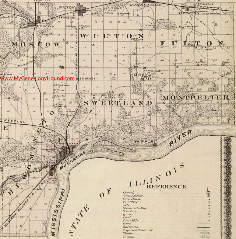 East, Muscatine County, Iowa, 1875, Map, Bloomington Township, Fulton Township, Montpelier Township, Moscow Township, Sweetland Township, Wilton Township, IA
