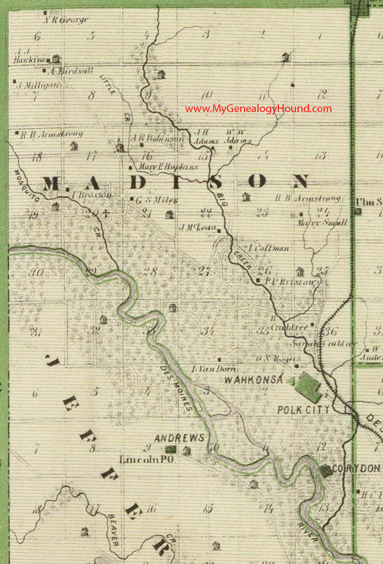 Madison Township, Polk County, Iowa, 1875, Map, Corydon, Polk City, Wahkonsa, IA