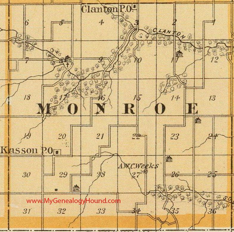 Monroe Township, Madison County, Iowa, 1875, Map, Clanton, Kasson, IA