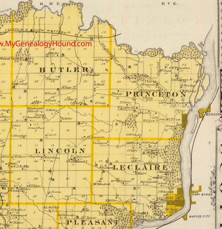 NE, Scott County, Iowa 1875, Map, Butler Township, Le Clair Township, Lincoln Township, Princeton Township, IA