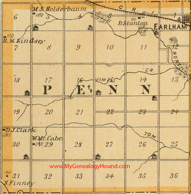 Penn Township, Madison County, Iowa,1875, Map, Earlham, IA 