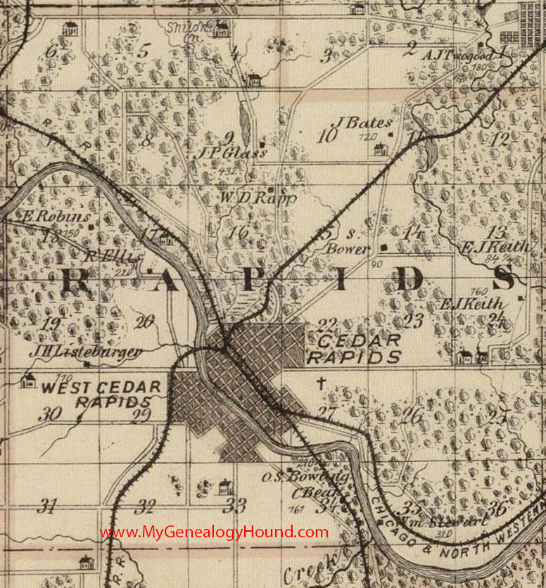 Rapids Township, Linn County, Iowa, 1875, Map, Cedar Rapids, West Cedar Rapids, IA