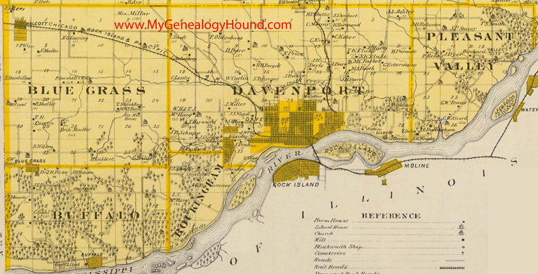 South, Scott County, Iowa, 1875, Map, Blue Grass Township, Buffalo Township, Davenport Township, Pleasant Valley Township, Rockingham Township, IA 